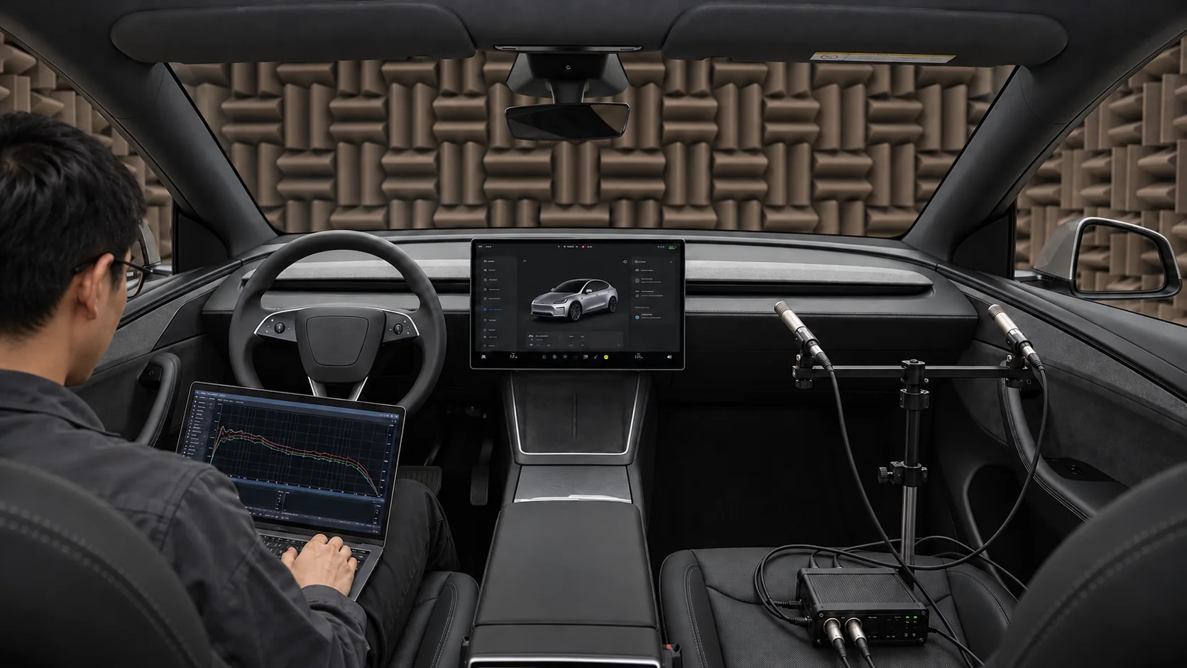 AI illustration of a Chinese acoustic engineer measuring and calibrating sound with microphones inside an unbranded vehicle