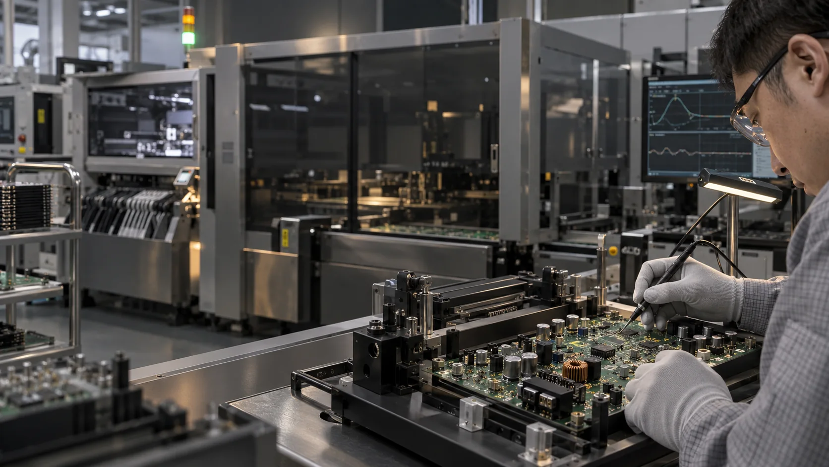 AI illustration of precision amplifier PCB manufacturing and inspection