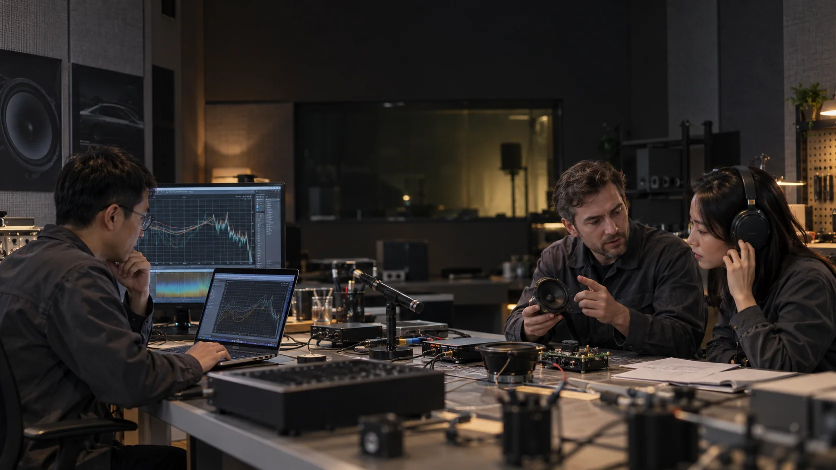 AI illustration of acoustic engineers collaborating on measurements and listening tests