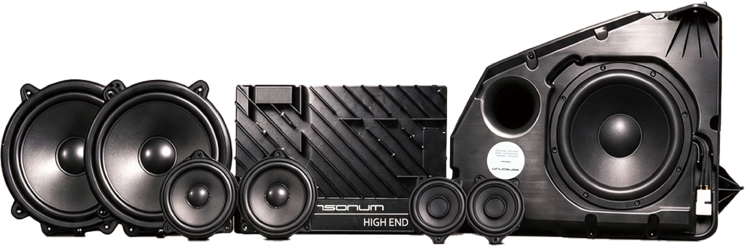 Sensonum Audio Kit for the Refreshed Tesla Model Y: speakers, a dedicated DSP amplifier and a subwoofer enclosure